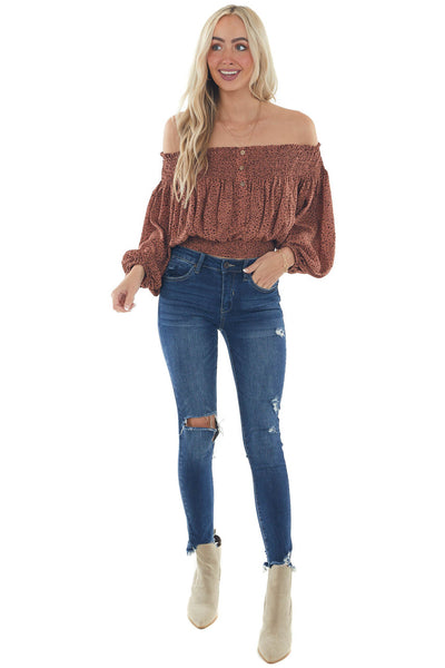 Chestnut Printed Smocked Off Shoulder Blouse