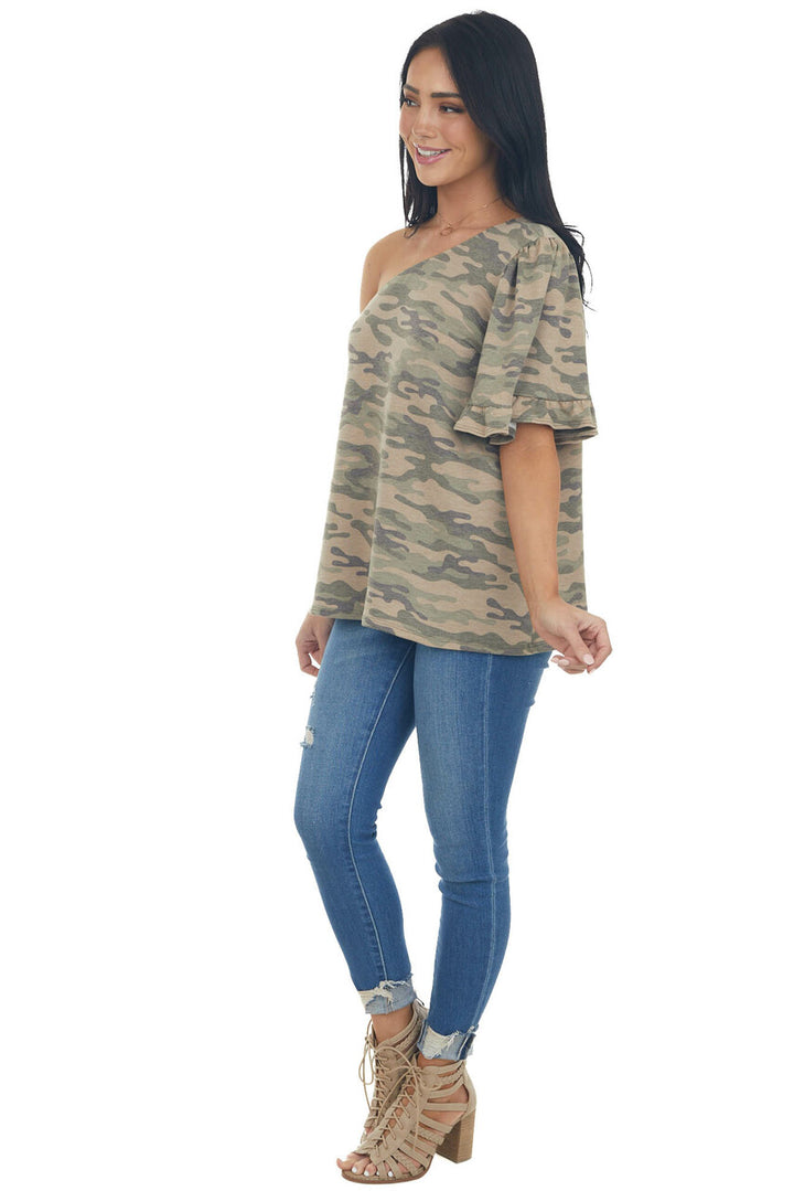 Army Green Camo Print One Shoulder Knit Top