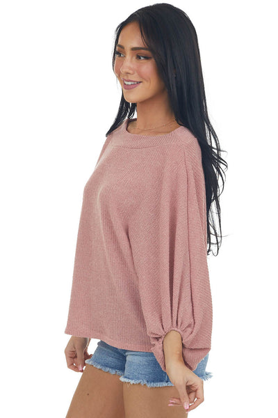Dusty Coral Boat Neck Bubble Sleeve Knit Top