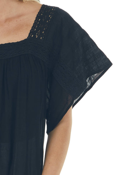 Black Square Neck Blouse with Lace Details