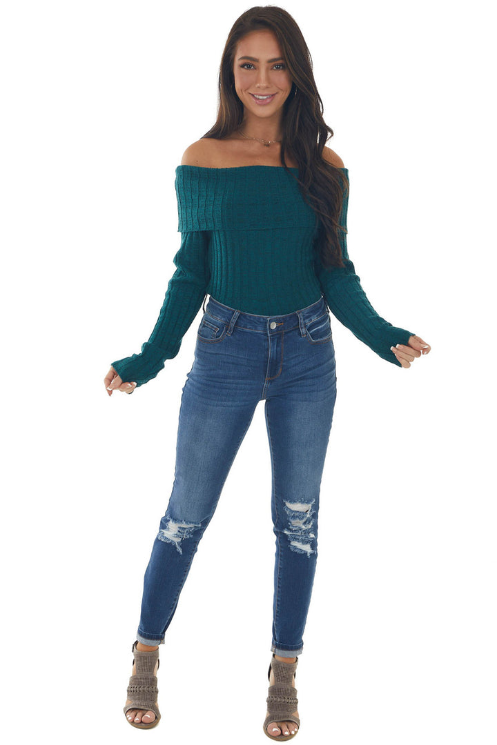 Rich Pine Off Shoulder Ribbed Knit Bodysuit