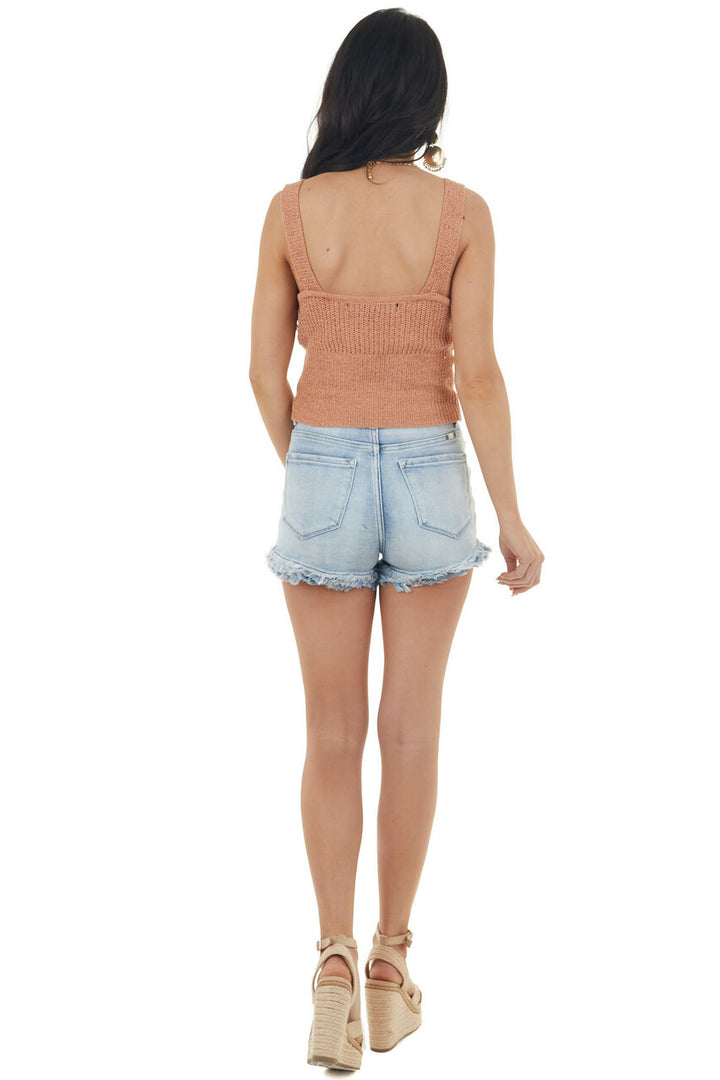 Salmon Sleeveless Knit Crop Top with Front Twist Detail 