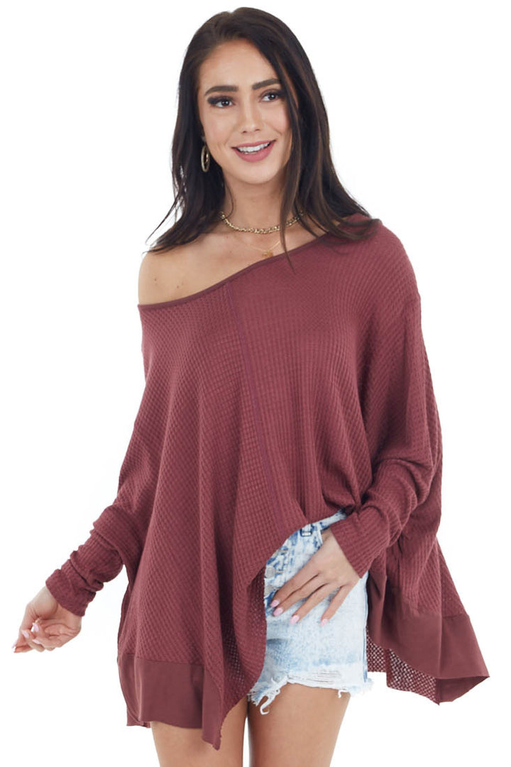 Wine Oversized Thermal Knit Long Sleeve Top 