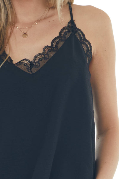 Black V Neck Lace Trim Racerback Camisole
