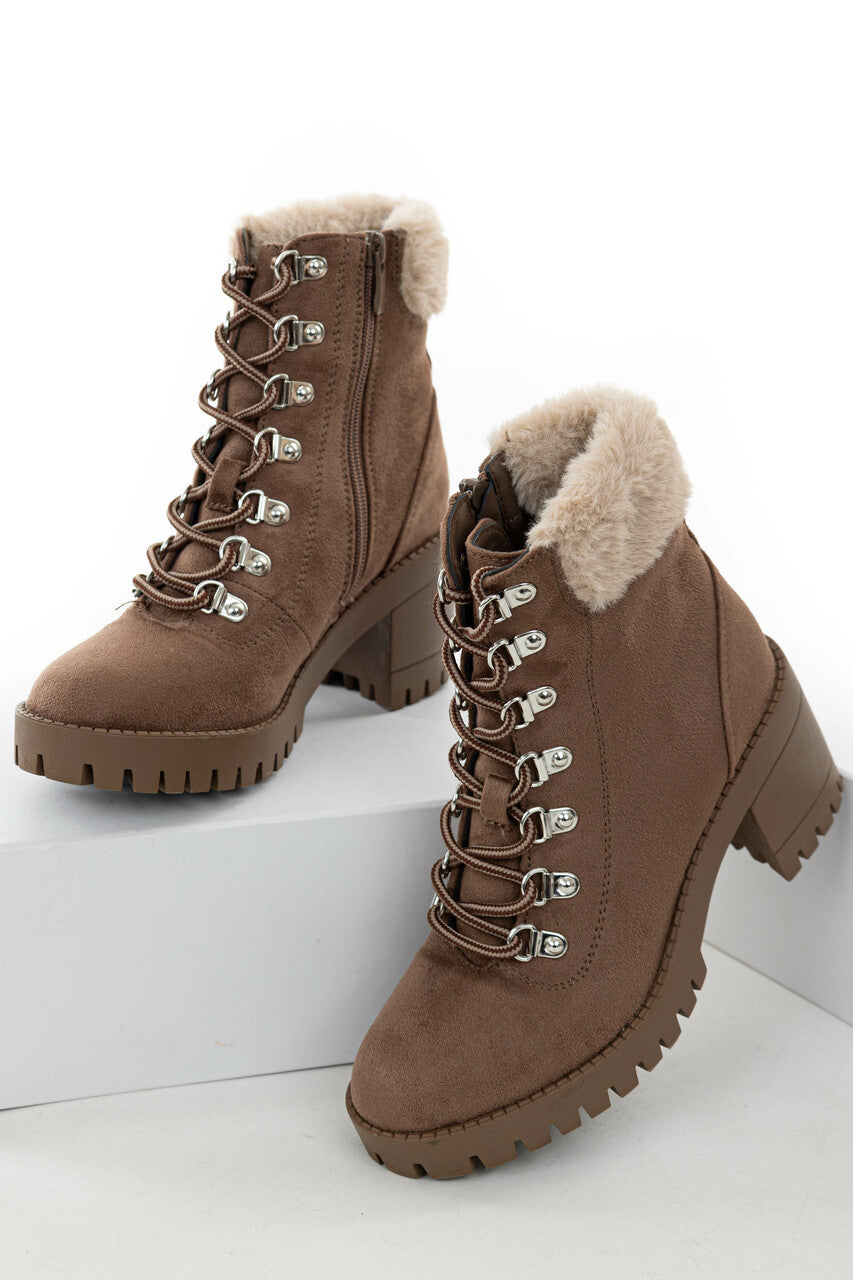 Taupe Faux Suede Lace Up Heeled Lug Booties