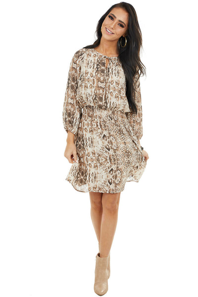 Beige Snakeskin Print Short Dress with Smocked Waist