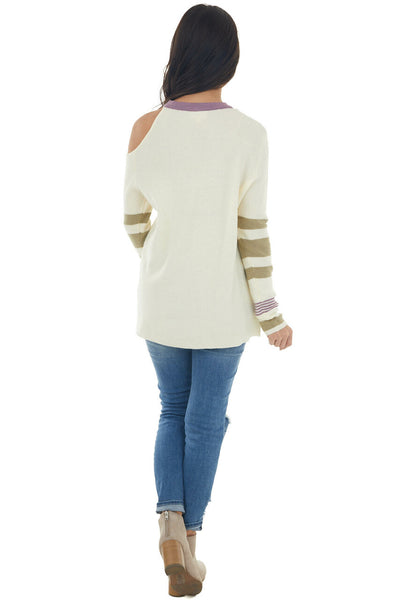 Cream Cold Shoulder Striped Sleeve Sweater