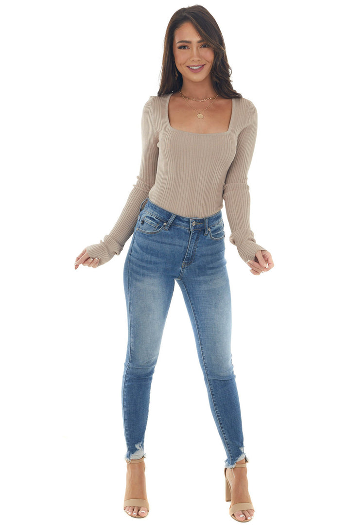 Latte Ribbed Knit Top with Cut Out Back