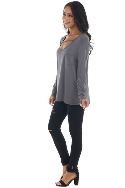 Charcoal Long Sleeve V Neck Cut Out Knit Top 