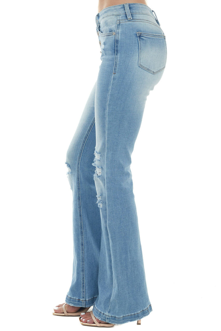 Medium Light Wash High Rise Flare Jeans with Destroyed Knees