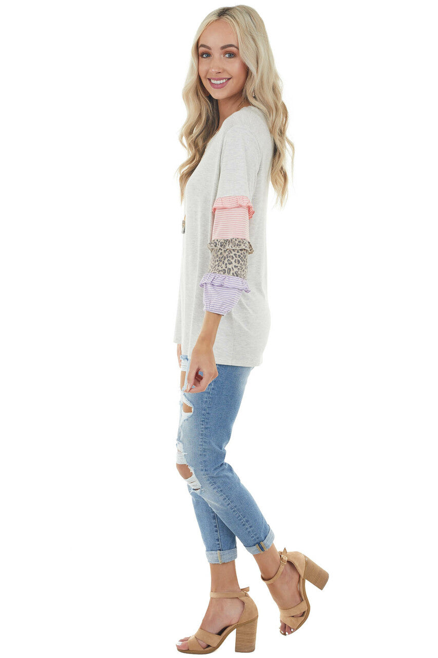 Heathered Dove Grey Knit Top with Multi Pattern Sleeves 