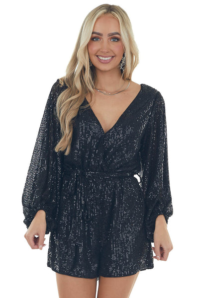 Black Sequin Surplice Bubble Sleeve Romper 