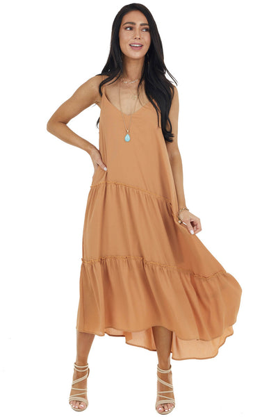 Caramel Asymmetrical Spaghetti Strap Tiered Midi Dress 