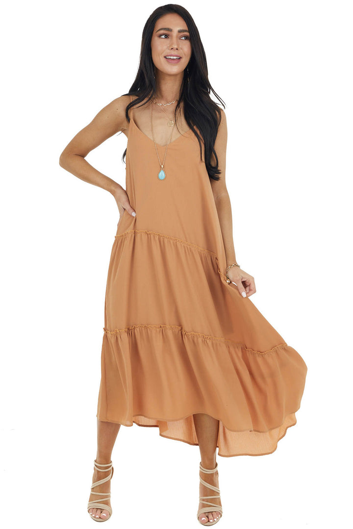 Caramel Asymmetrical Spaghetti Strap Tiered Midi Dress 