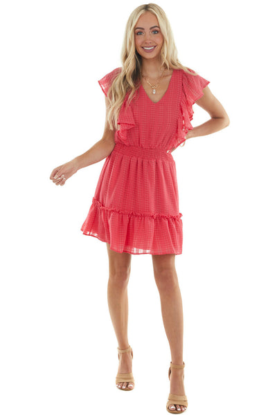Raspberry Striped V Neck Ruffle Smocked Dress