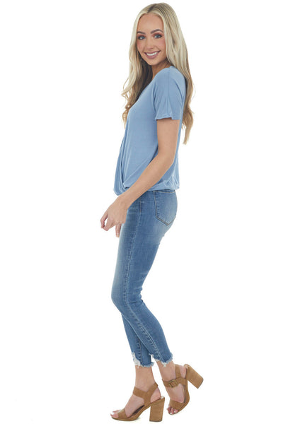 Dusty Blue Surplice Ladder Strap Neck Knit Top