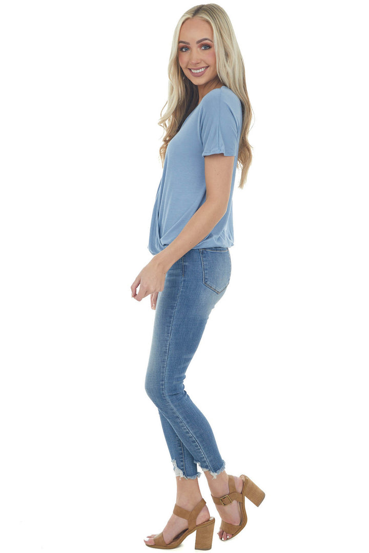 Dusty Blue Surplice Ladder Strap Neck Knit Top