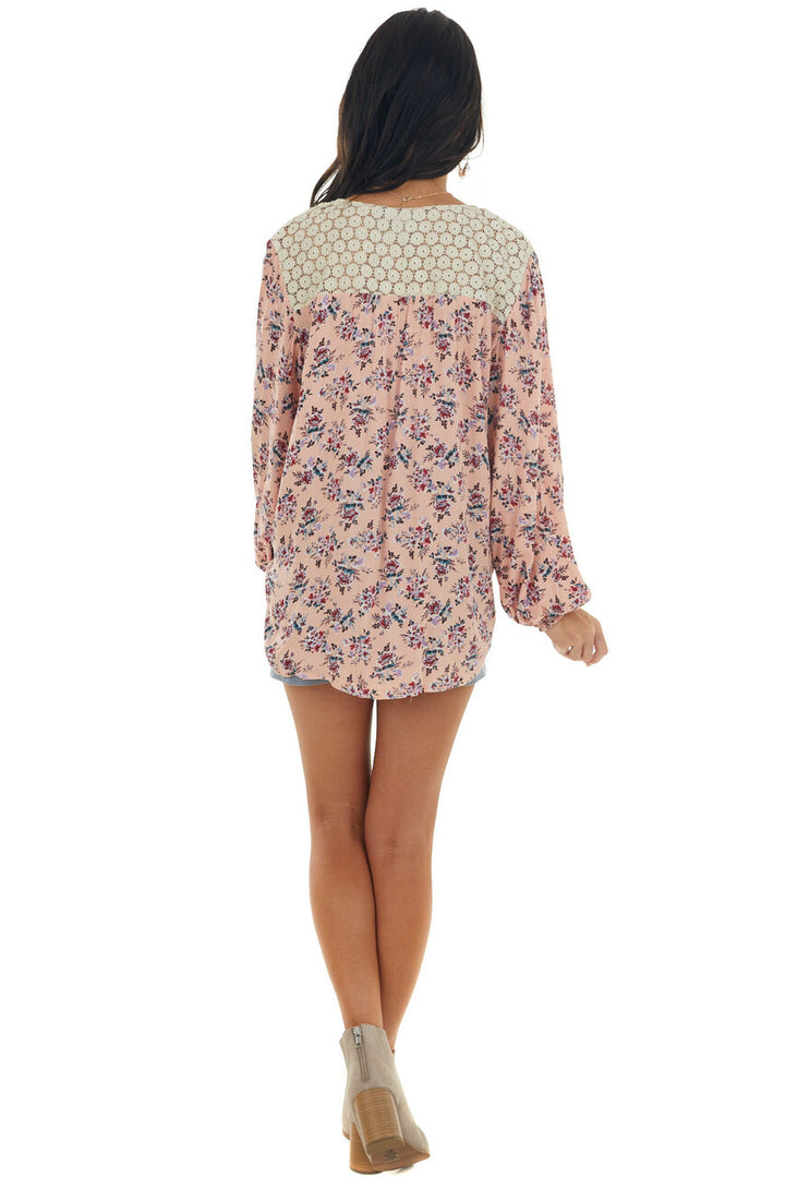 Pale Coral Long Sleeve Floral Front Tie Blouse