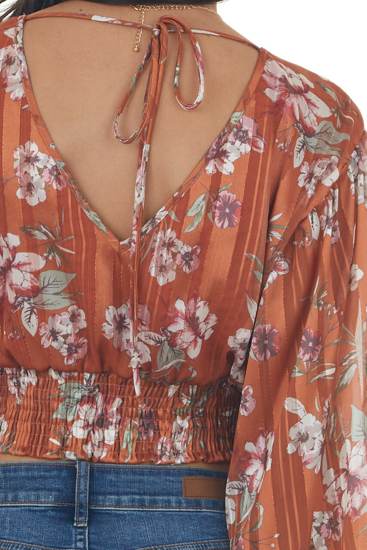 Tawny Floral Surplice Cropped Satin Blouse 