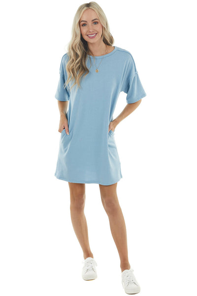 Powder Blue Dress with Side Pockets and Raw Seam Details 