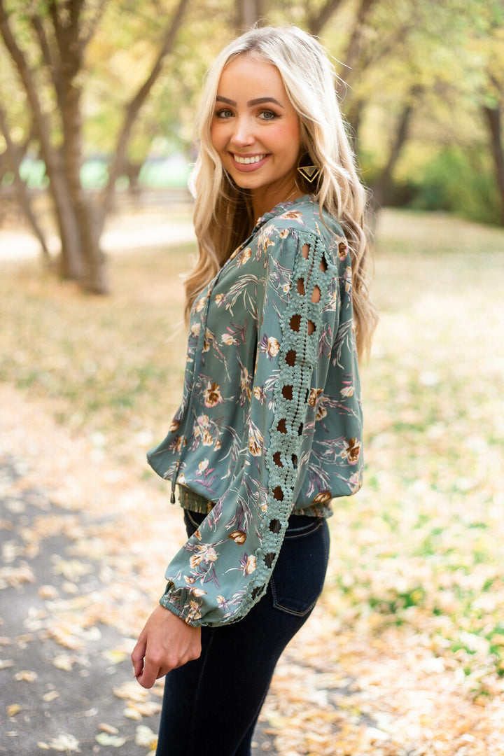 Juniper Floral Lace Cut Out Sleeve Tie Blouse