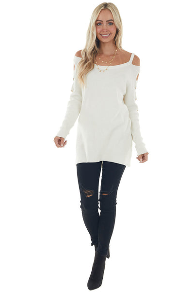 Ivory Ribbed Knit Sweater with Cut Out Sleeves 