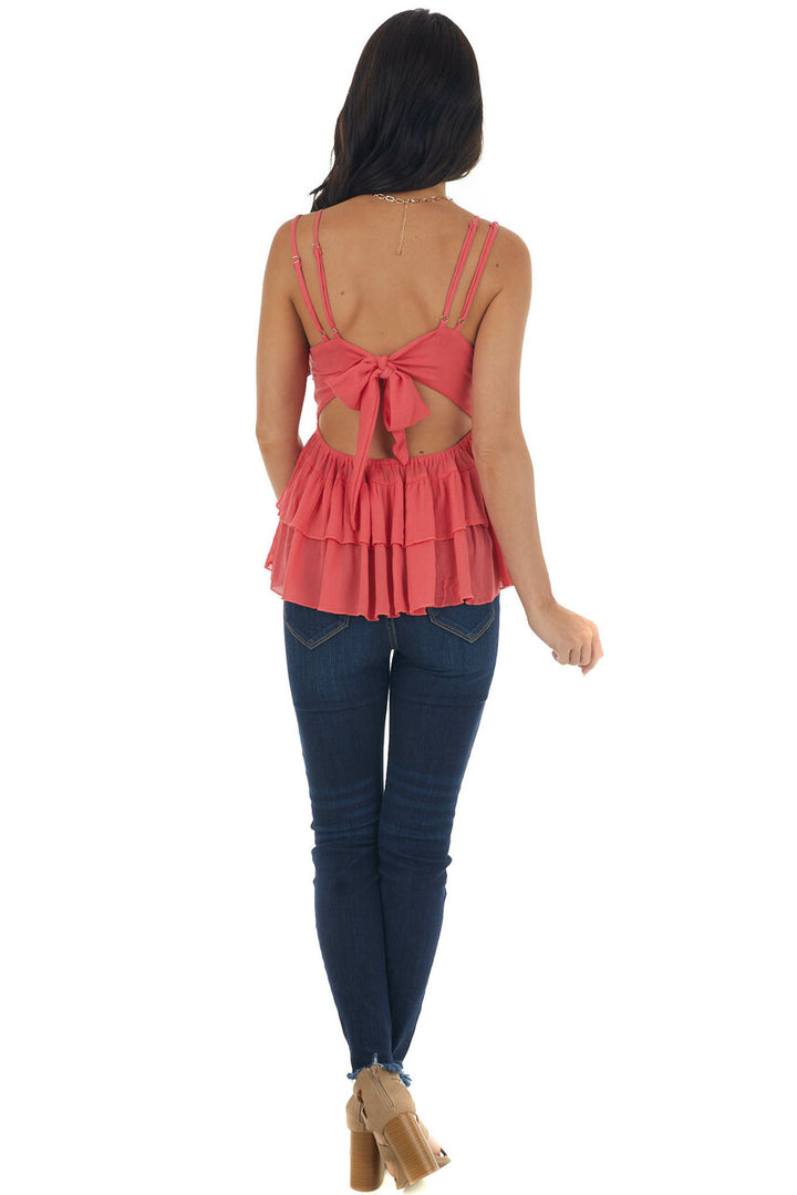 Bright Coral Crochet Lace Top with Bow Tie Back 