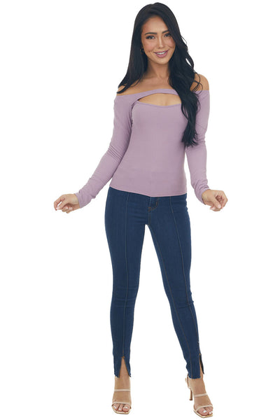 Lilac Off the Shoulder Ribbed Knit Top with Cut Out Detail