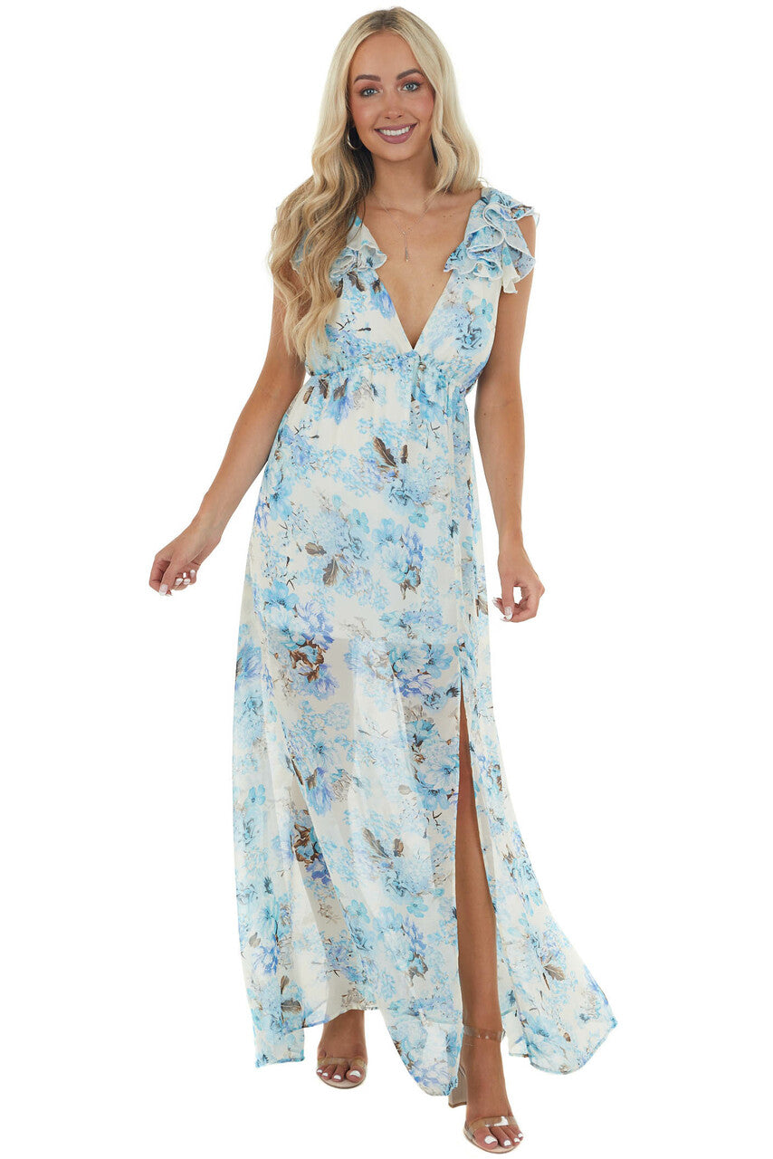 Cream and Sapphire Floral Print Maxi Dress