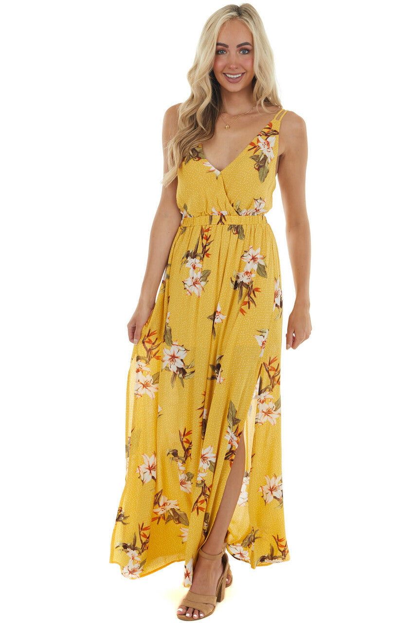 Canary Yellow Floral and Polka Dot Print Maxi Dress