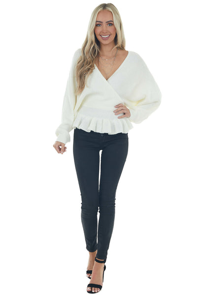 Ivory Surplice Neckline Peplum Sweater 