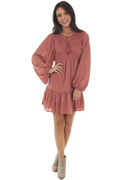 Vintage Rose Textured Puff Sleeve Lace Dress 