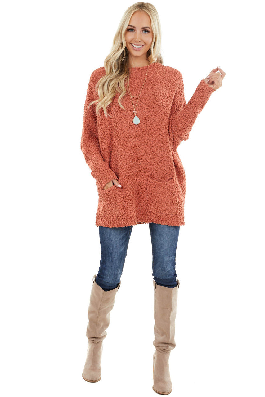 Terracotta Stretchy Knit Long Sweater with Pockets