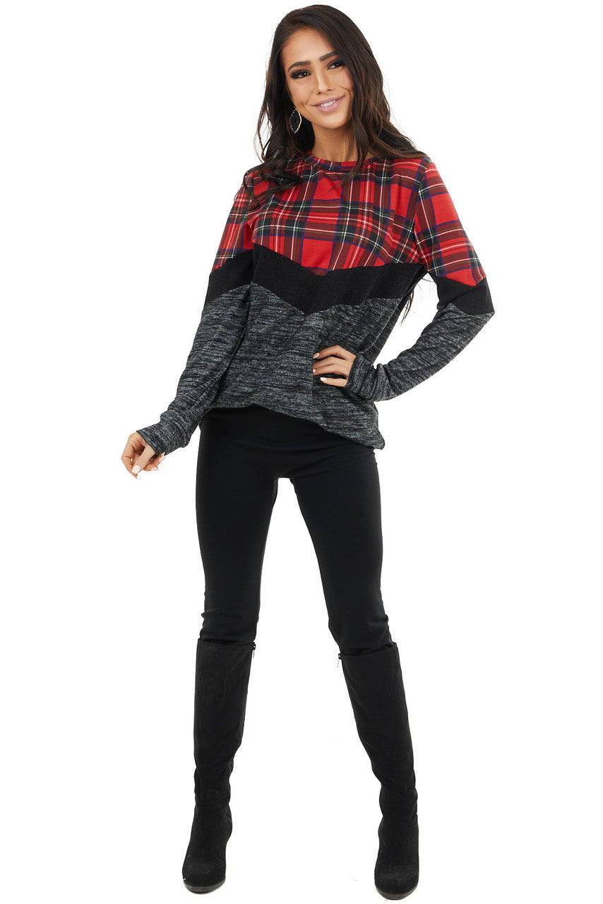 Lipstick Red Plaid and Colorblock Long Sleeve Top