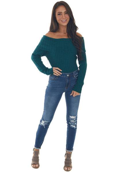 Rich Pine Off Shoulder Ribbed Knit Bodysuit