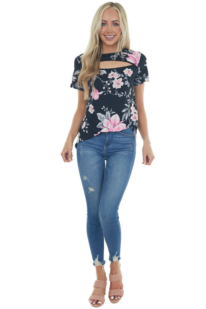 Black Floral Print Knit Top with Chest Cut Out