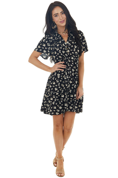 Black Ditsy Floral Tiered Babydoll Short Dress with Collar 
