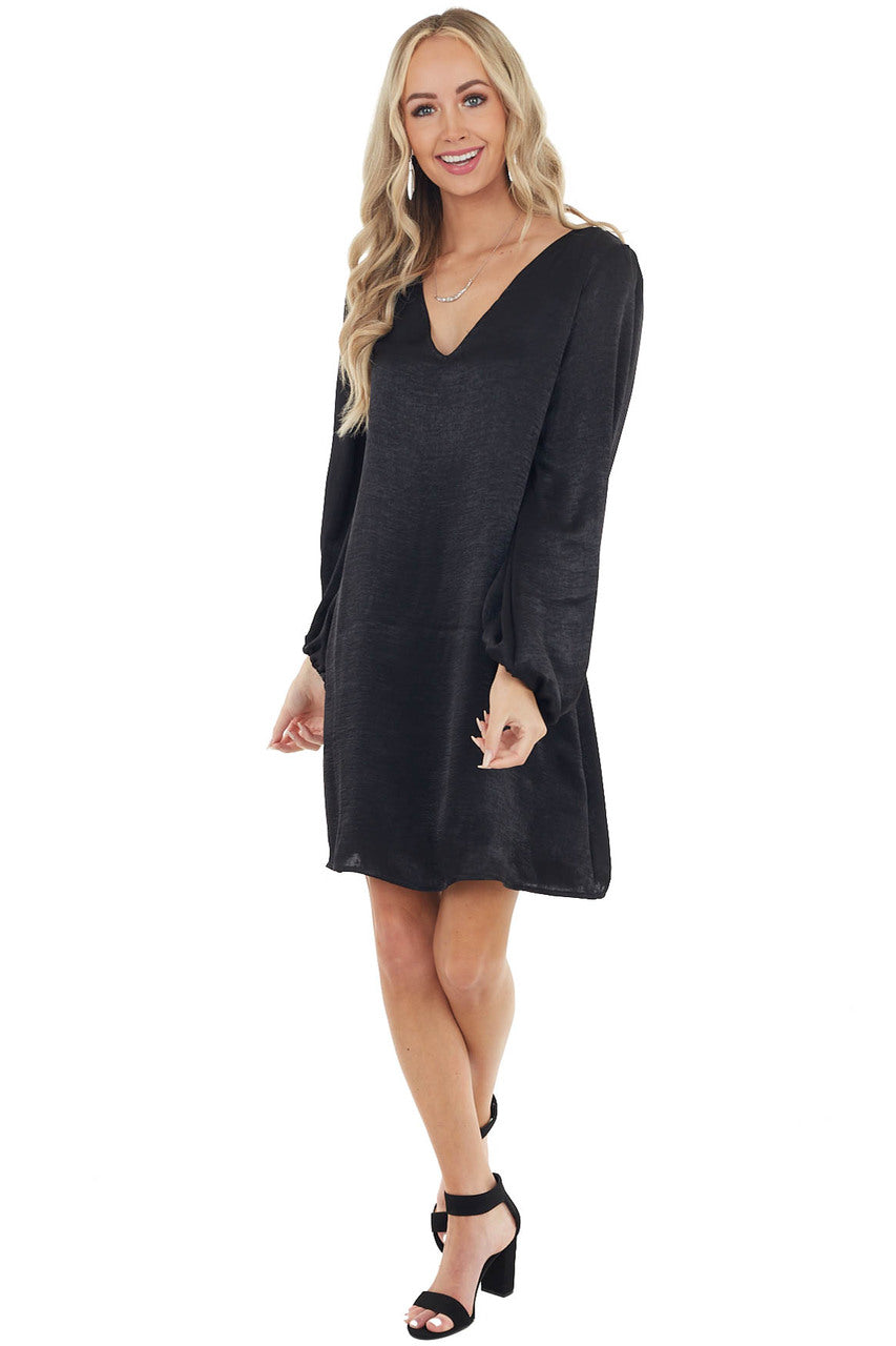 Black Satin Relaxed Fit Dress with Long Bubble Sleeves