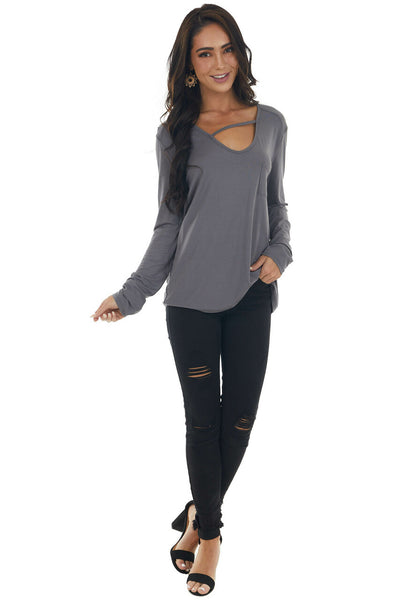 Charcoal Long Sleeve V Neck Cut Out Knit Top 