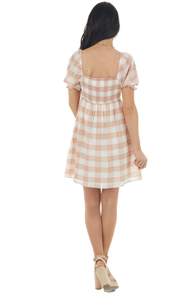 Peach Plaid Square Neckline Babydoll Dress with Puff Sleeves