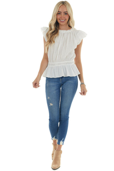 Ivory Ruffle Cap Sleeve Cinch Waist Blouse 
