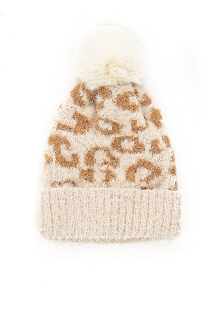 Cream and Taupe Leopard Print Beanie with Pom Pom Detail 