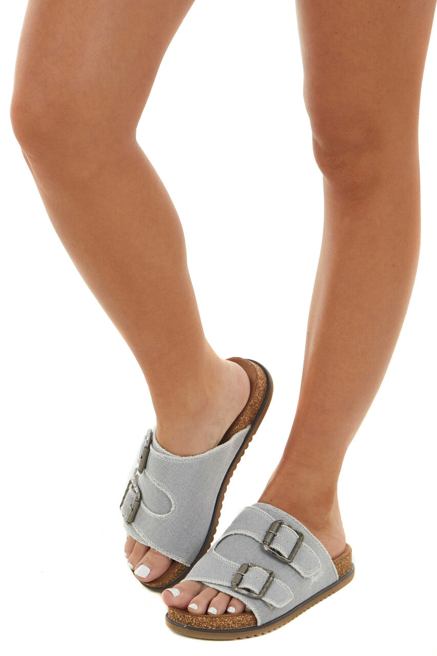Slate Denim Slip On Sandals with Buckle Detail 