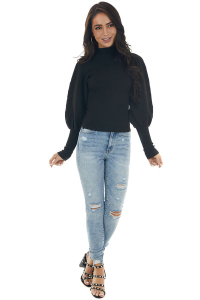 Black Ribbed Knit Sweater with Puff Sleeves