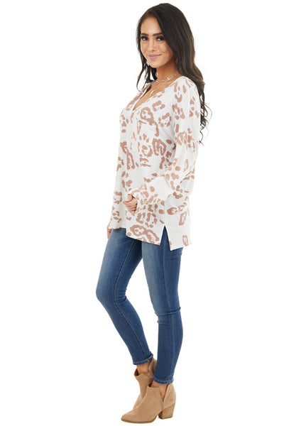 Ivory Leopard Print Long Sleeve Top with Front Pocket