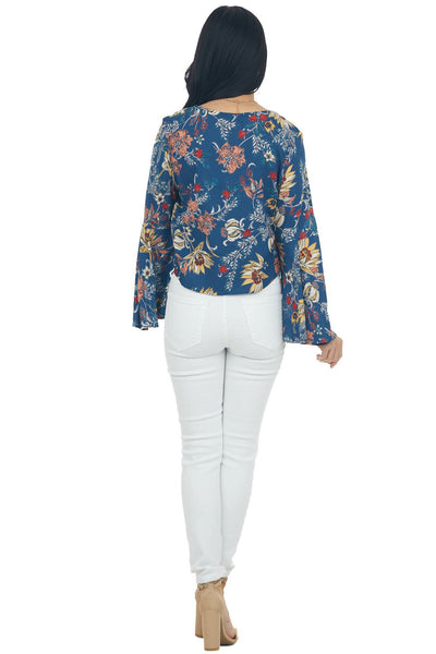 Navy Floral Print Blouse with Long Sleeves