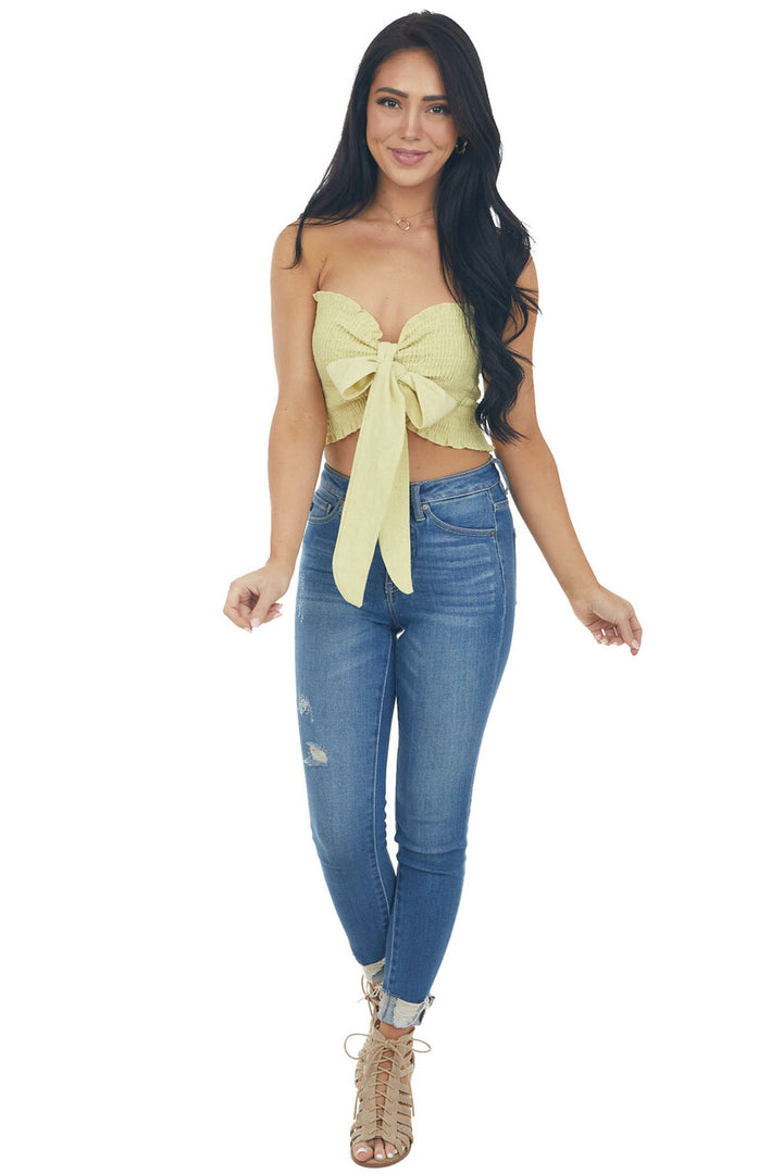 Straw Strapless Smocked Woven Crop Top with Tie Detail