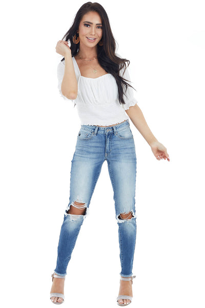 Ivory Babydoll Short Sleeve Crop Top with Smocked Detail