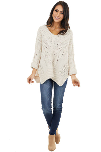 Cream Oversized Cable Knit Sweater with Side Slits