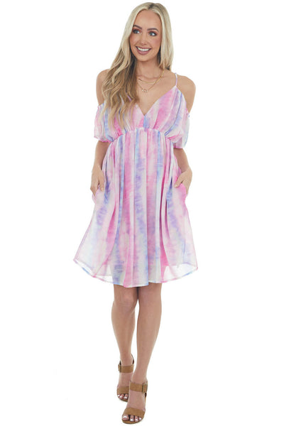 Thulian Pink Tie Dye Cold Shoulder Mini Dress